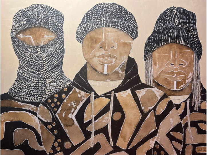 A artwork featuring three stylized figures with abstract and geometric characteristics, likely representing members of the African Student Union.