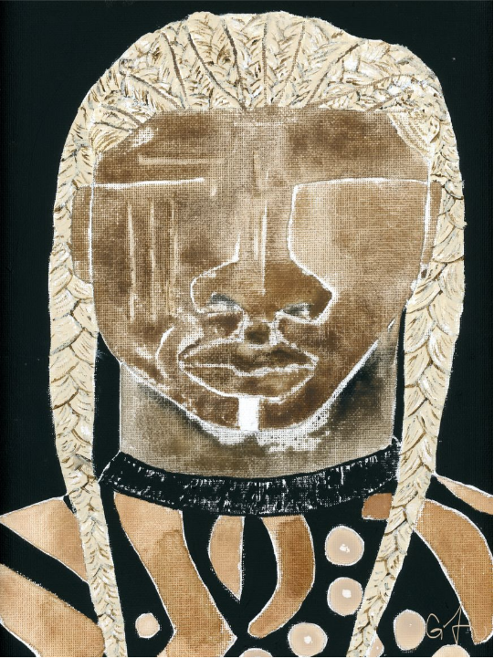 A print of a stylized, mixed media artwork depicting a figure with a geometric and patterned design predominantly in black, gold, and brown tones.