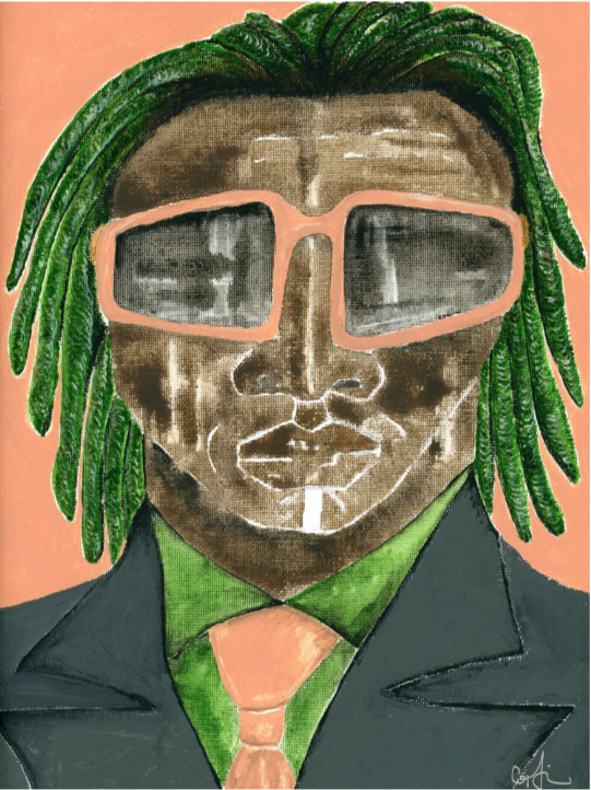 A piece of artwork featuring a stylized, cartoon-like character with green hair and glasses, dressed in a suit with a tie, on a orange background.