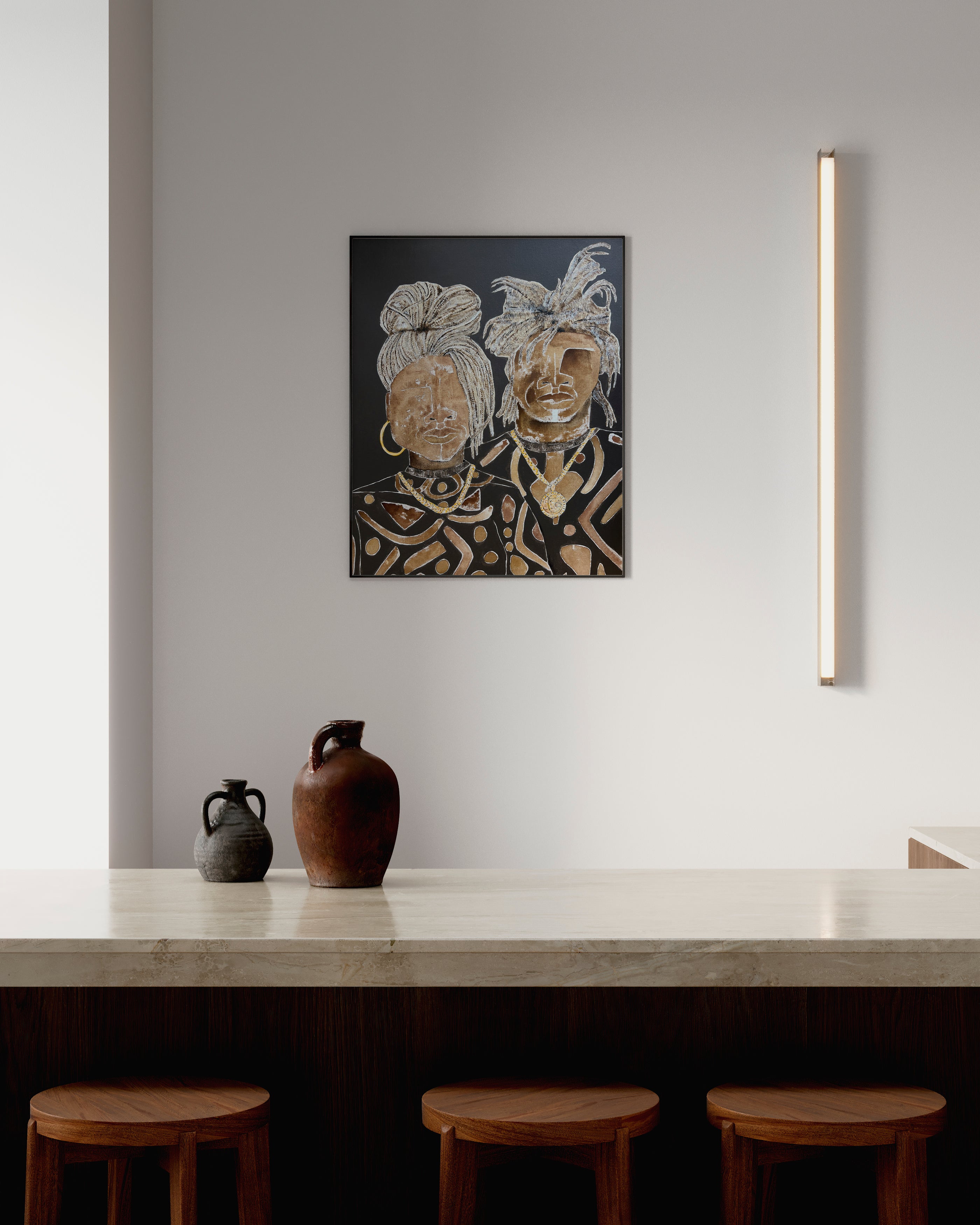 Artist depiction of black couple with brown and gold clothing and jewelry