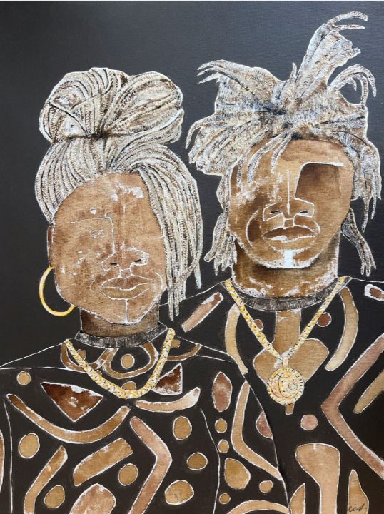 A print of two stylized figures with abstract patterns and gold accents on their clothing and hair.