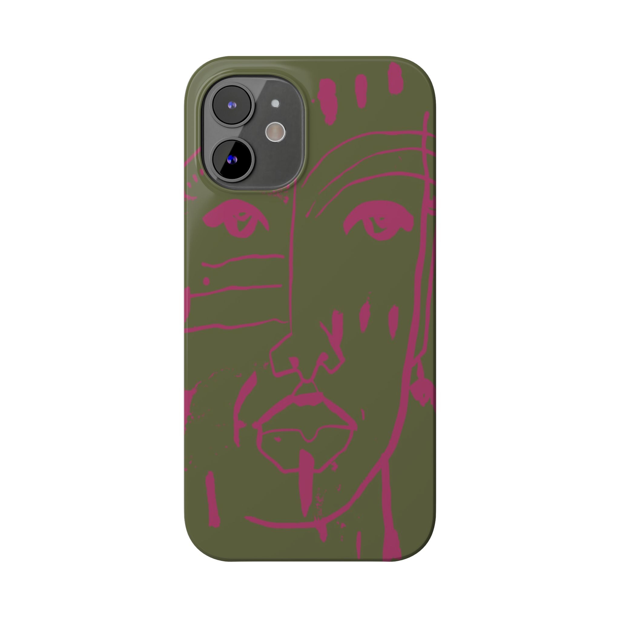 Abstract Face Line Art Slim Phone Case | Olive Green with Magenta Sketch