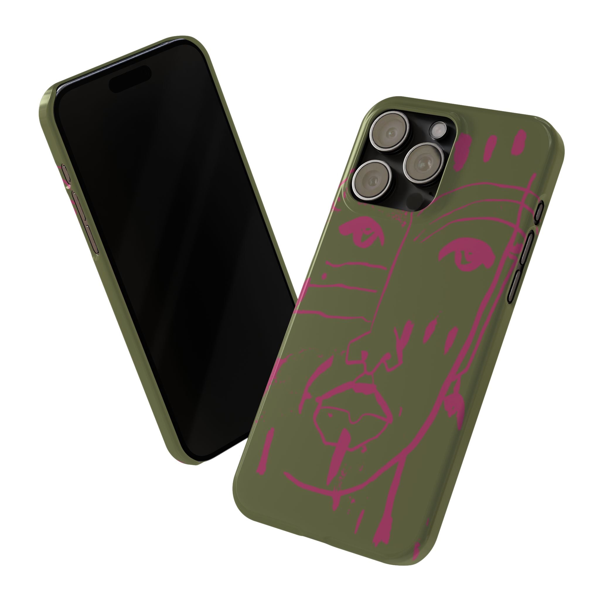 Abstract Face Line Art Slim Phone Case | Olive Green with Magenta Sketch