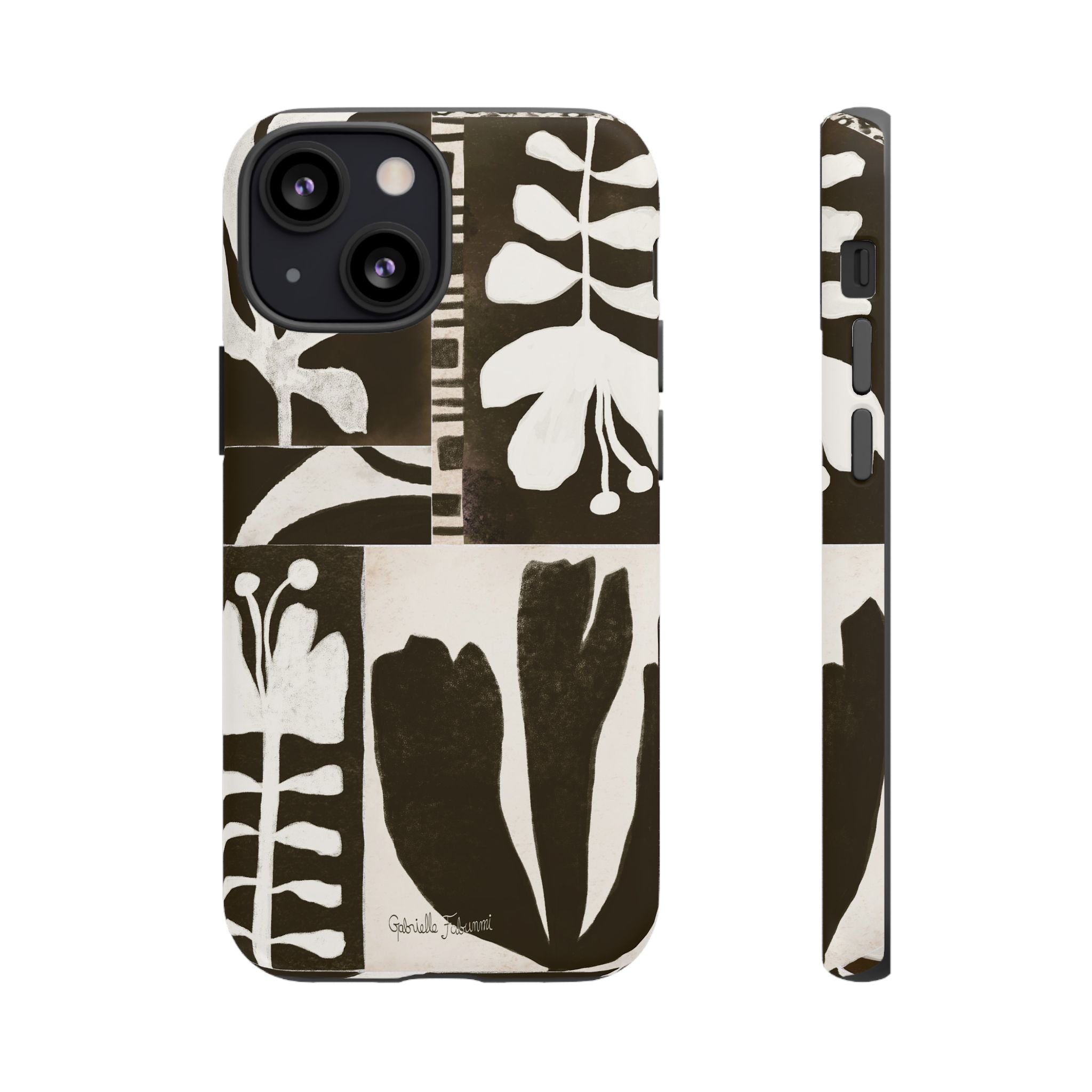 Floral Block Print Tough Phone Case — Black & White Botanical Protective Cover