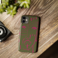 Abstract Face Line Art Slim Phone Case | Olive Green with Magenta Sketch