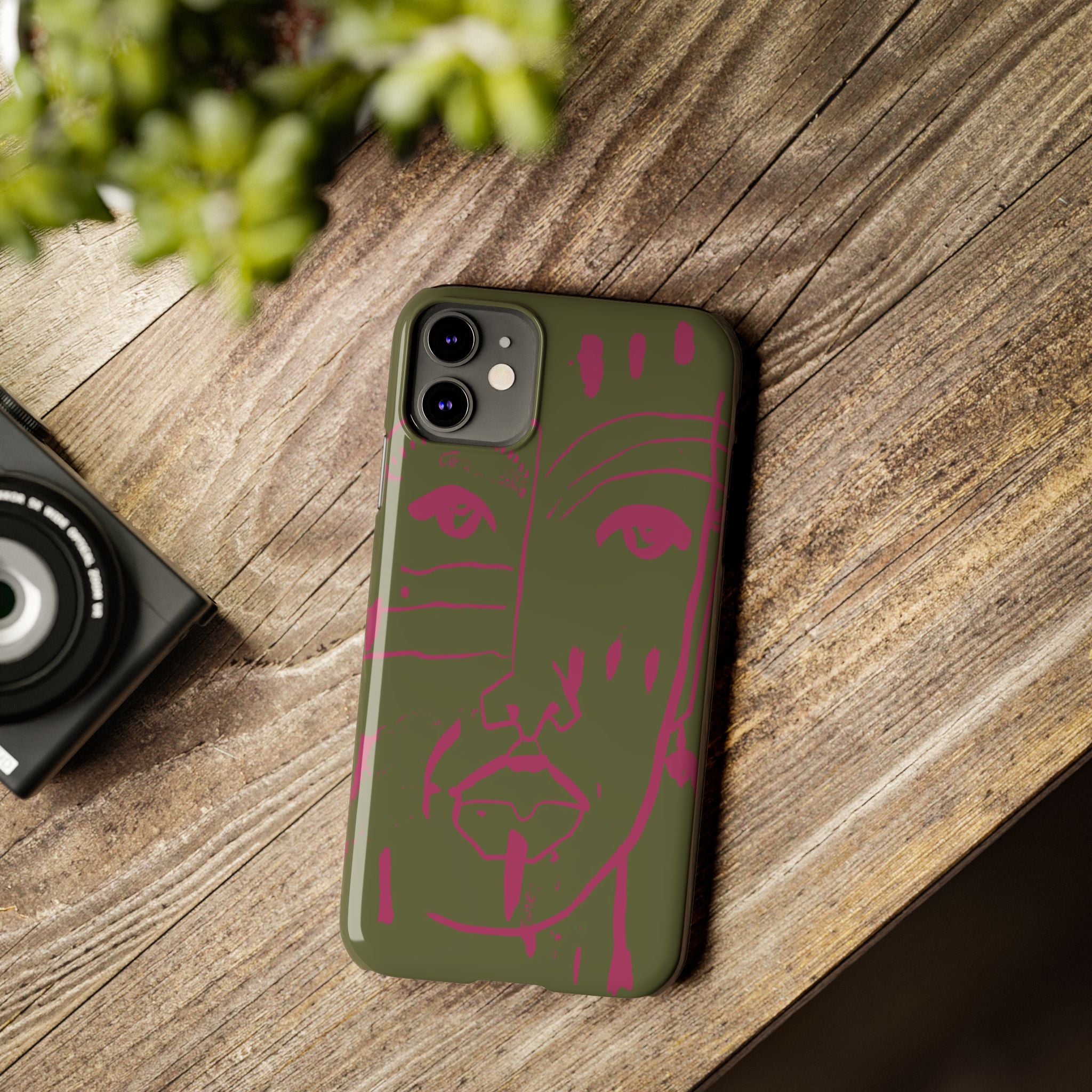 Abstract Face Line Art Slim Phone Case | Olive Green with Magenta Sketch