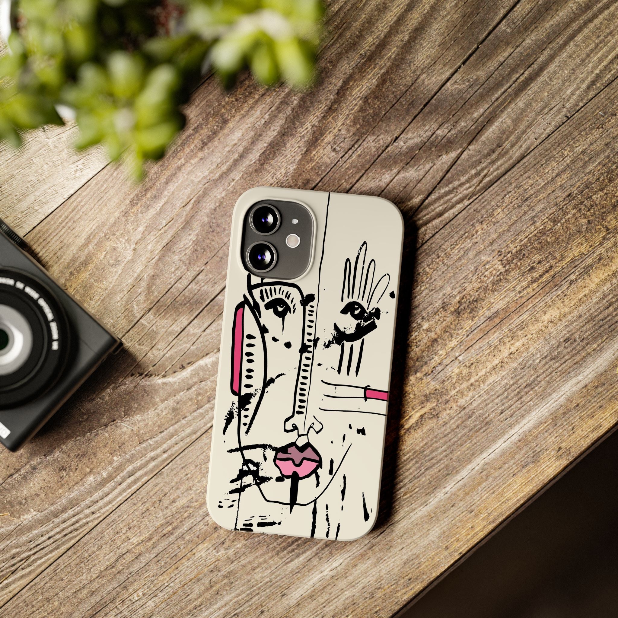 Abstract Face Line Art Slim Phone Case | Minimal Pink Accent