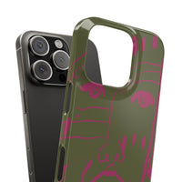 Abstract Face Line Art Slim Phone Case | Olive Green with Magenta Sketch