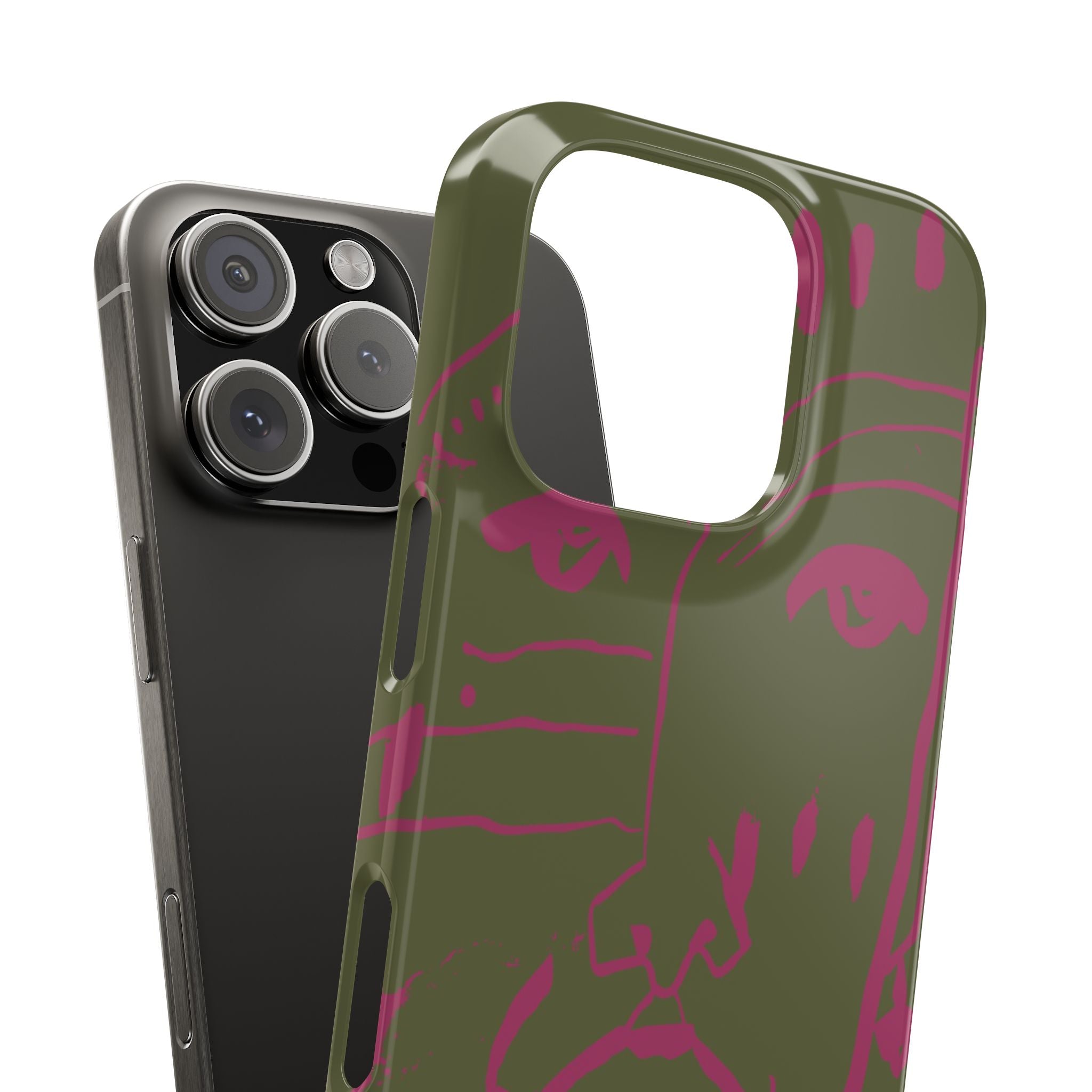 Abstract Face Line Art Slim Phone Case | Olive Green with Magenta Sketch