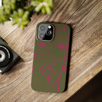 Abstract Face Line Art Slim Phone Case | Olive Green with Magenta Sketch