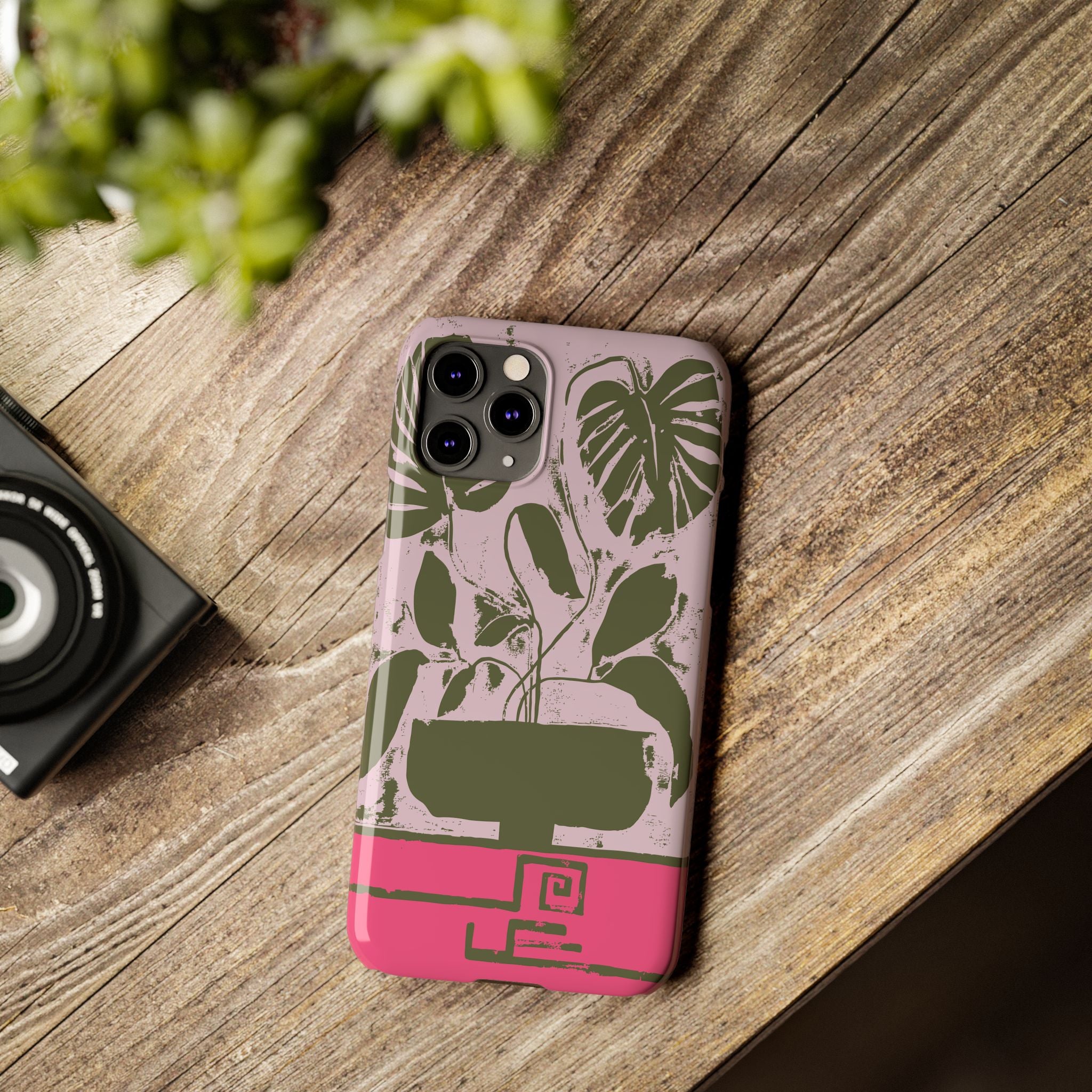 Slim Phone Case — Retro Monstera Plant Pink Green Botanical Design