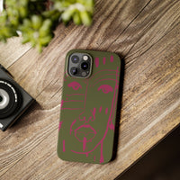 Abstract Face Line Art Slim Phone Case | Olive Green with Magenta Sketch