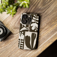 Floral Block Print Tough Phone Case — Black & White Botanical Protective Cover
