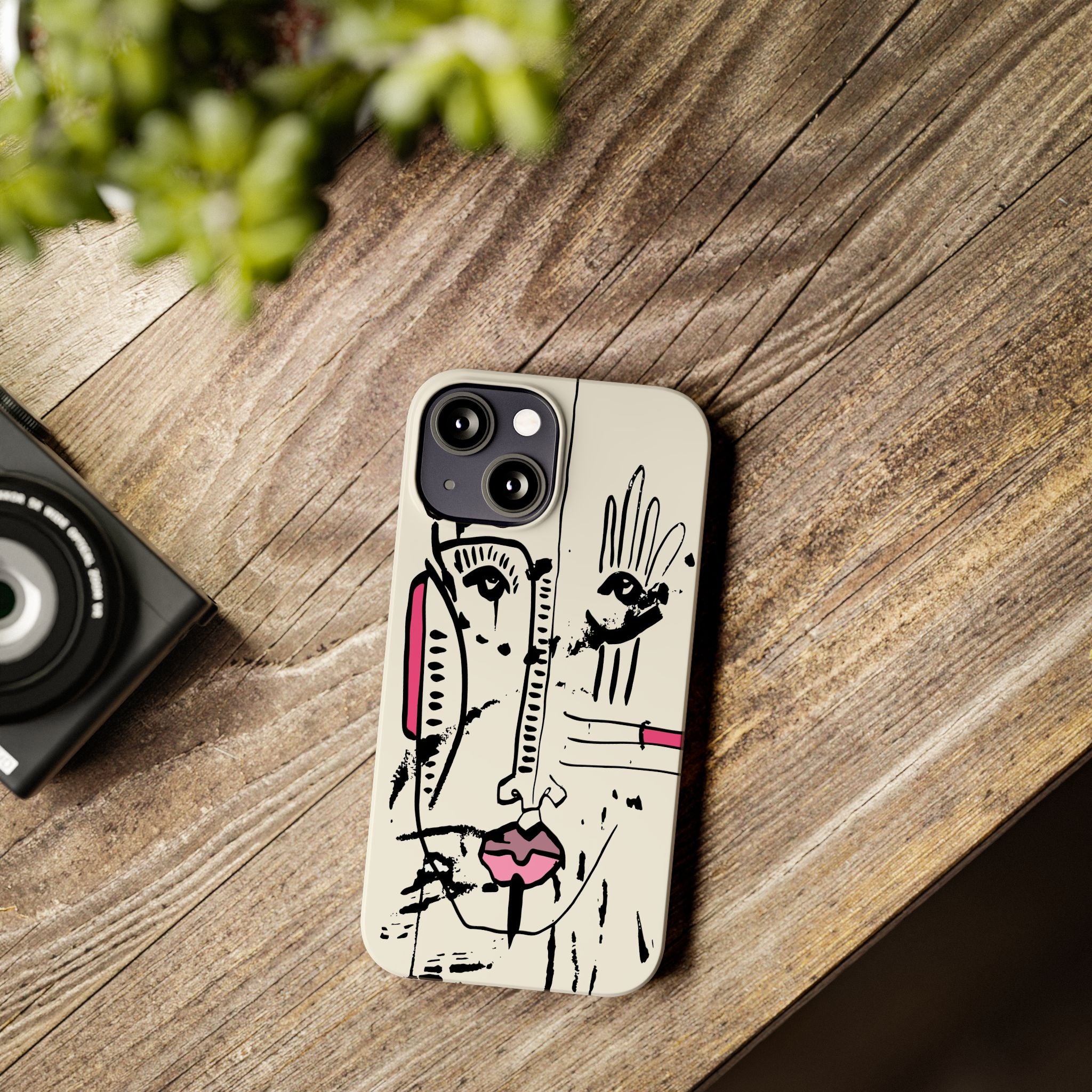 Abstract Face Line Art Slim Phone Case | Minimal Pink Accent