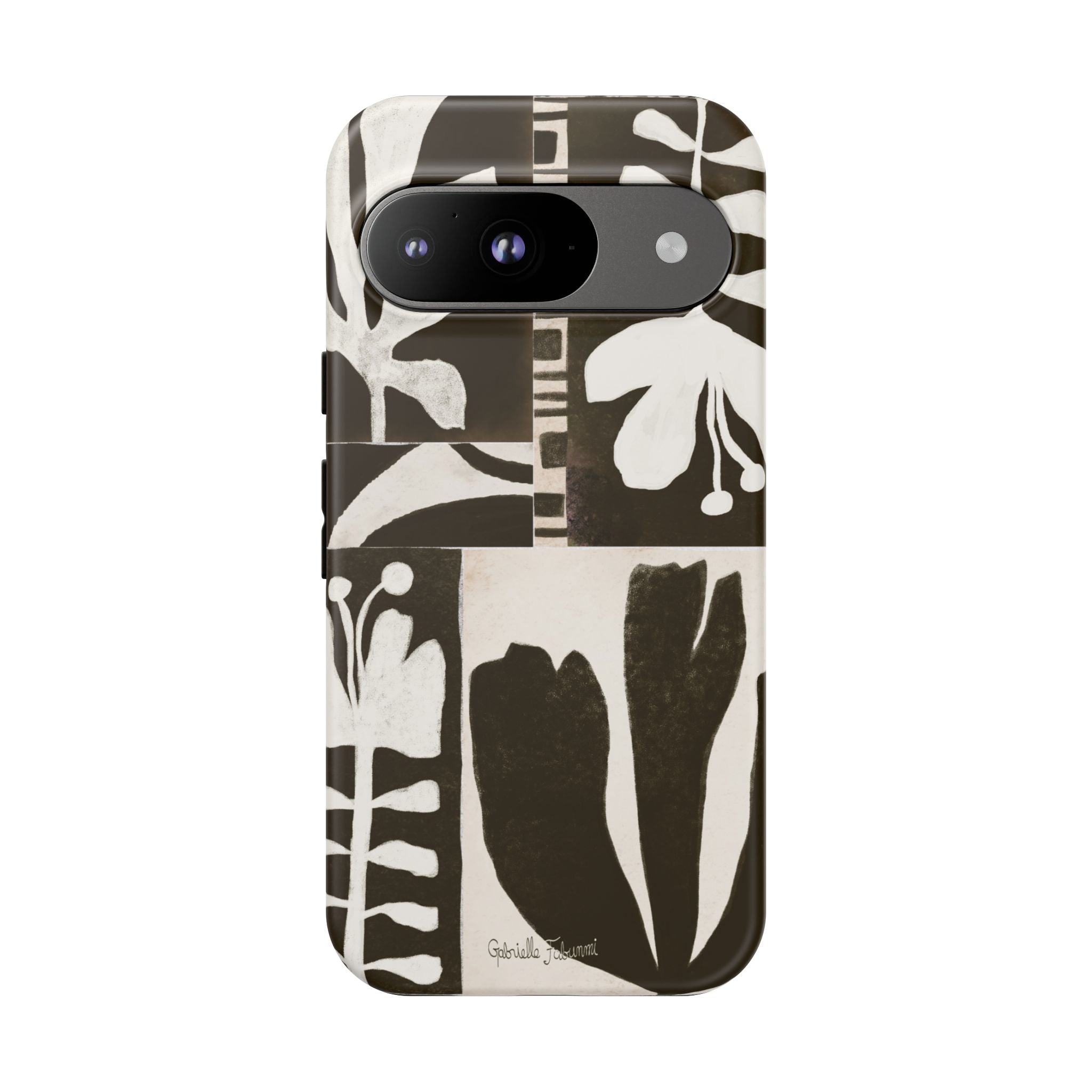 Floral Block Print Tough Phone Case — Black & White Botanical Protective Cover