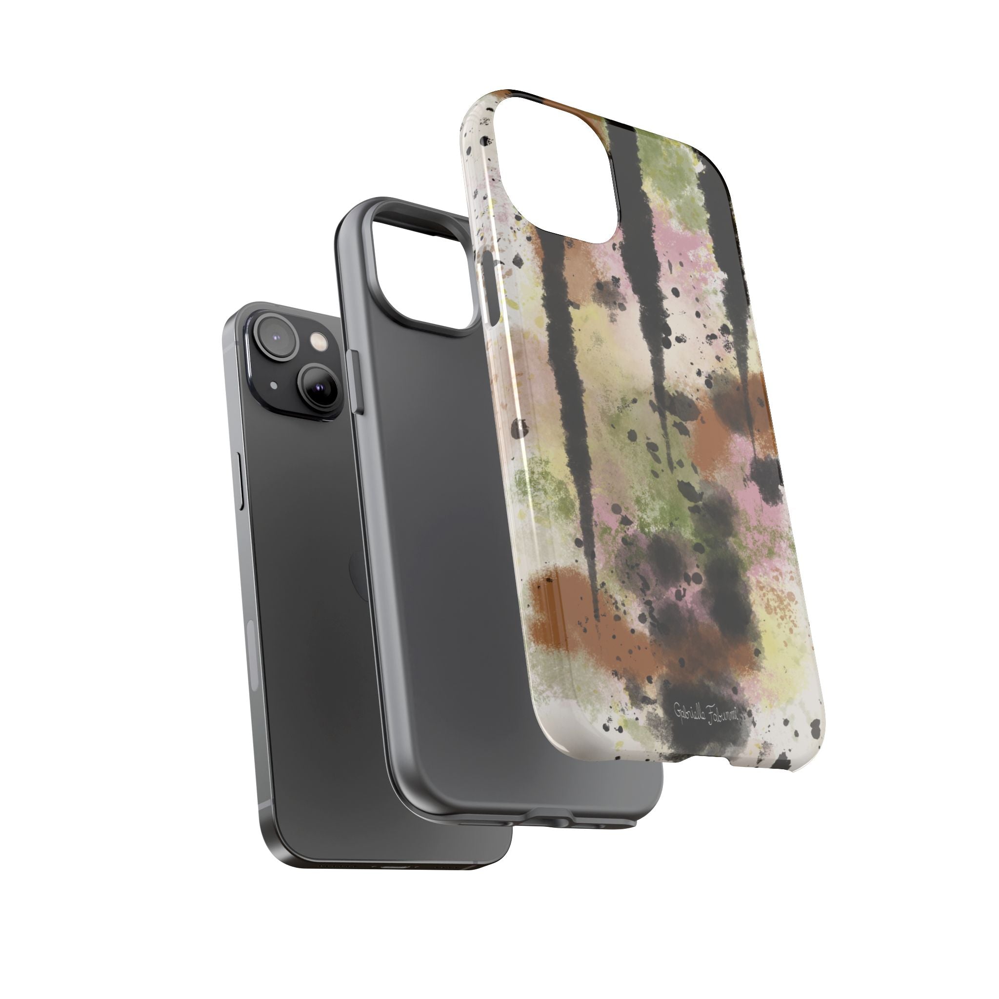 Watercolor Ink Splash Tough Phone Case — Abstract Olive, Blush & Charcoal Protective Cover