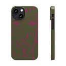 Abstract Face Line Art Slim Phone Case | Olive Green with Magenta Sketch