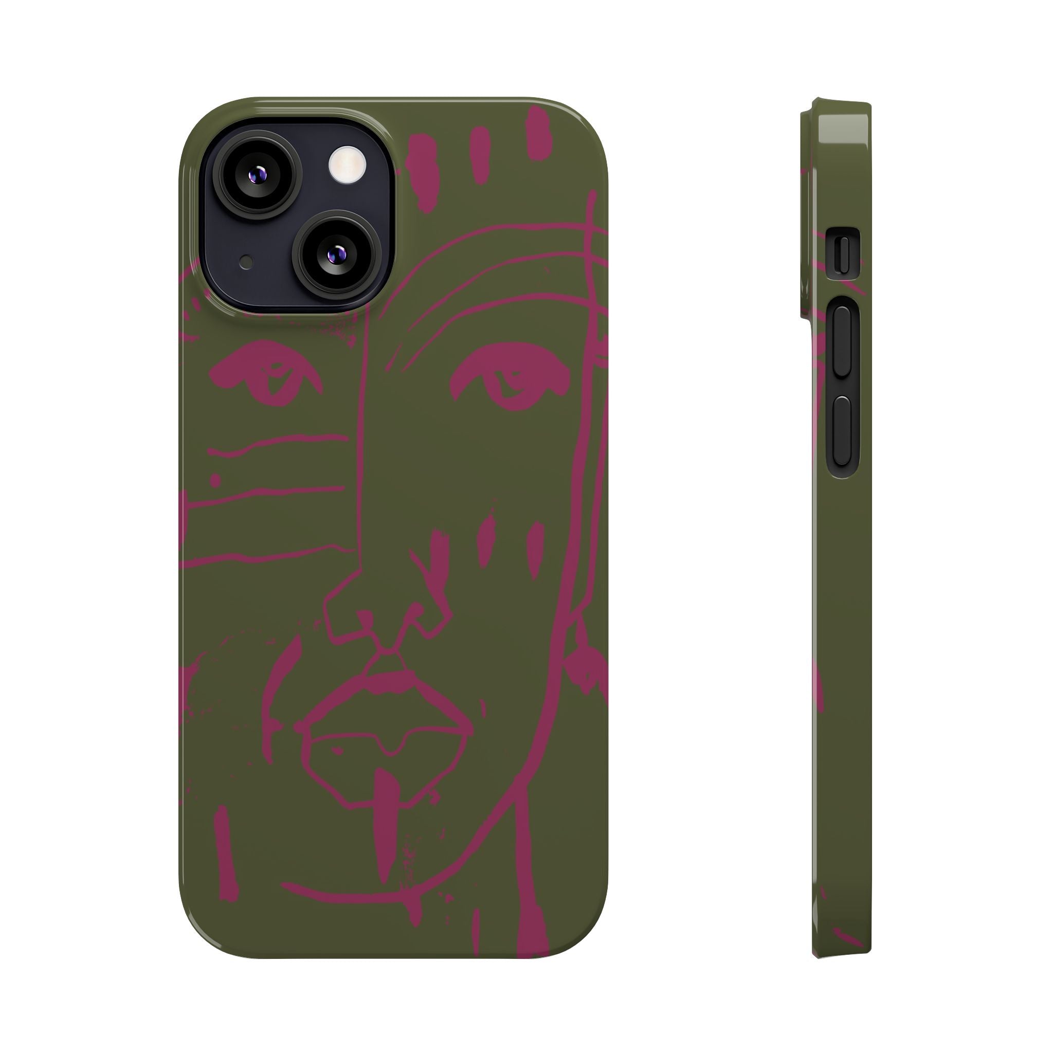 Abstract Face Line Art Slim Phone Case | Olive Green with Magenta Sketch