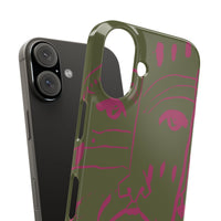 Abstract Face Line Art Slim Phone Case | Olive Green with Magenta Sketch