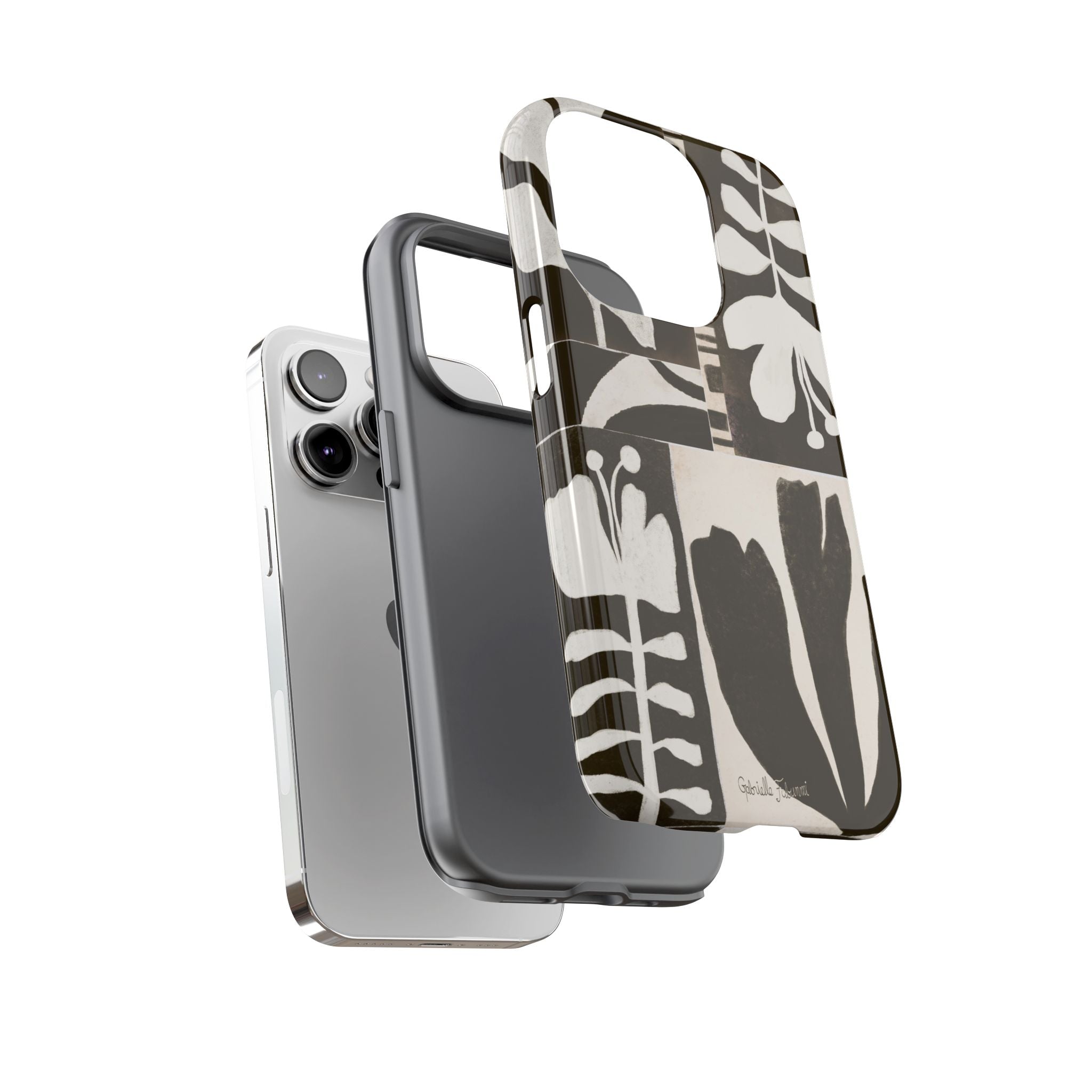 Floral Block Print Tough Phone Case — Black & White Botanical Protective Cover