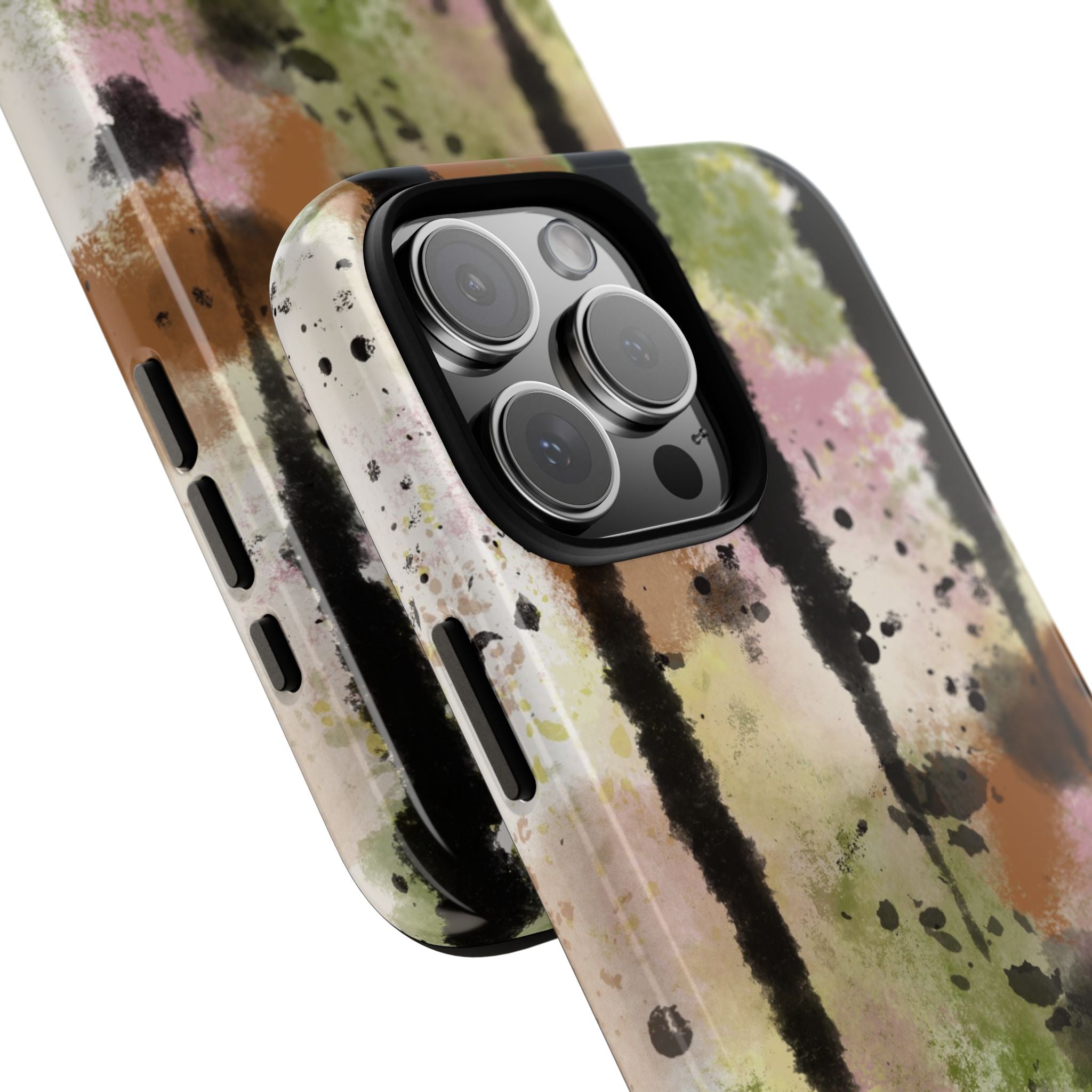 Watercolor Ink Splash Tough Phone Case — Abstract Olive, Blush & Charcoal Protective Cover