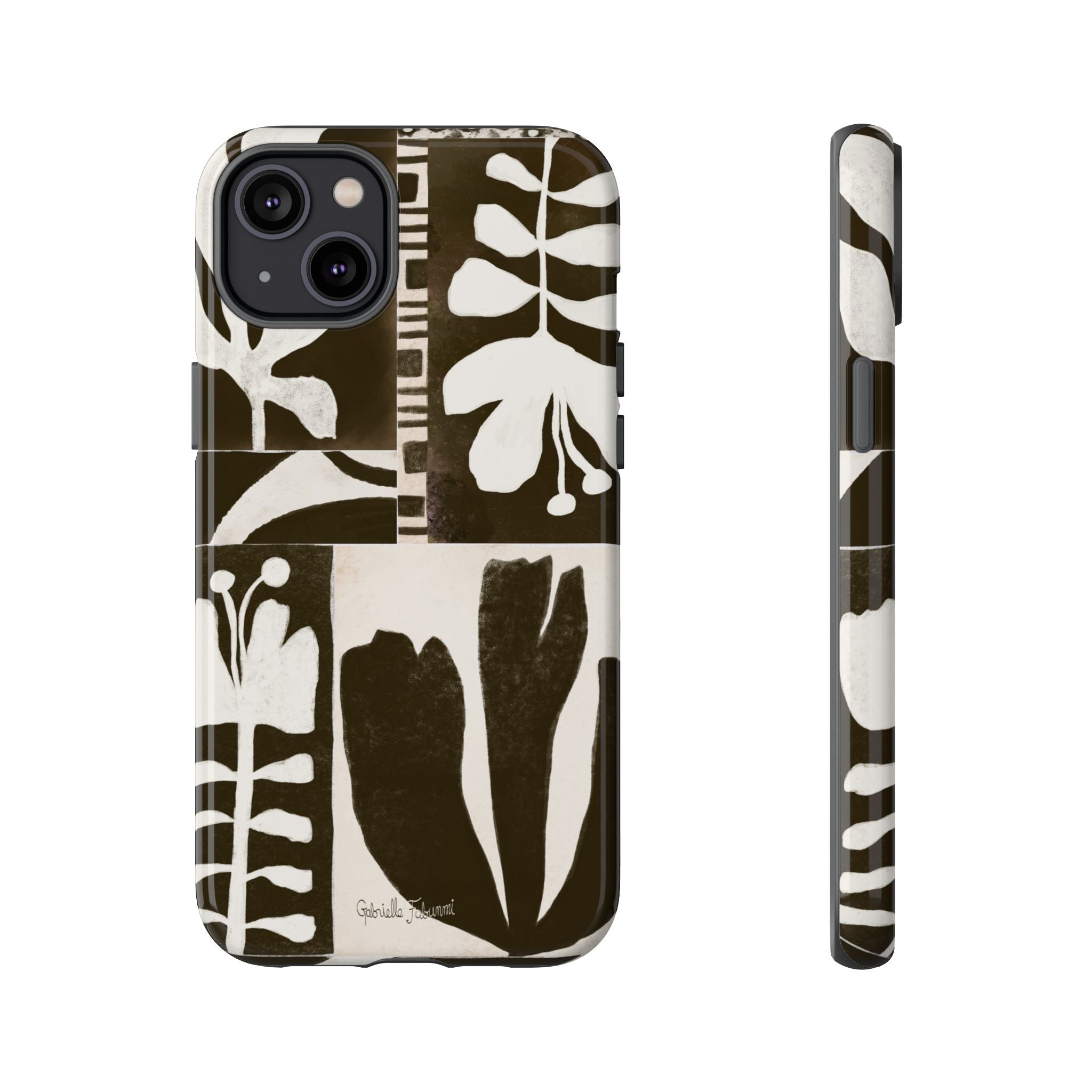 Floral Block Print Tough Phone Case — Black & White Botanical Protective Cover