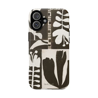 Floral Block Print Tough Phone Case — Black & White Botanical Protective Cover