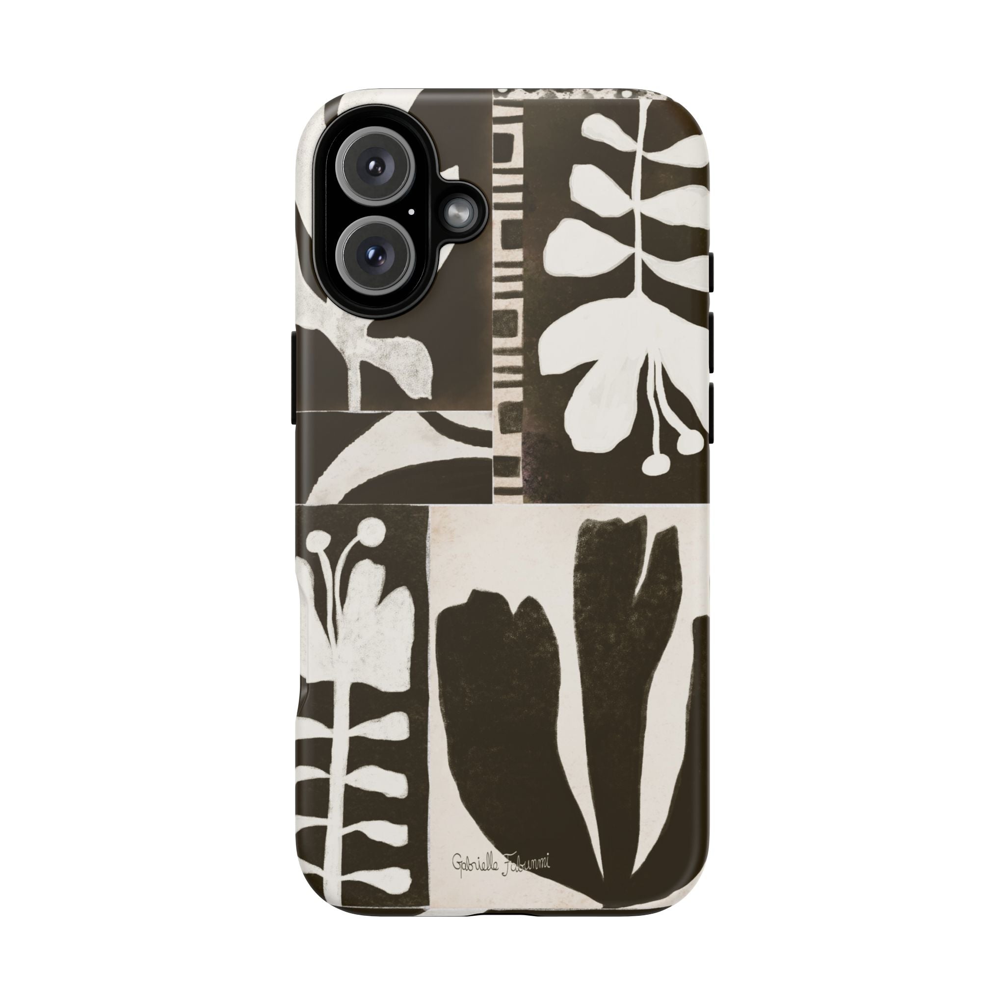 Floral Block Print Tough Phone Case — Black & White Botanical Protective Cover