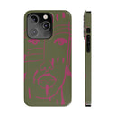 Abstract Face Line Art Slim Phone Case | Olive Green with Magenta Sketch