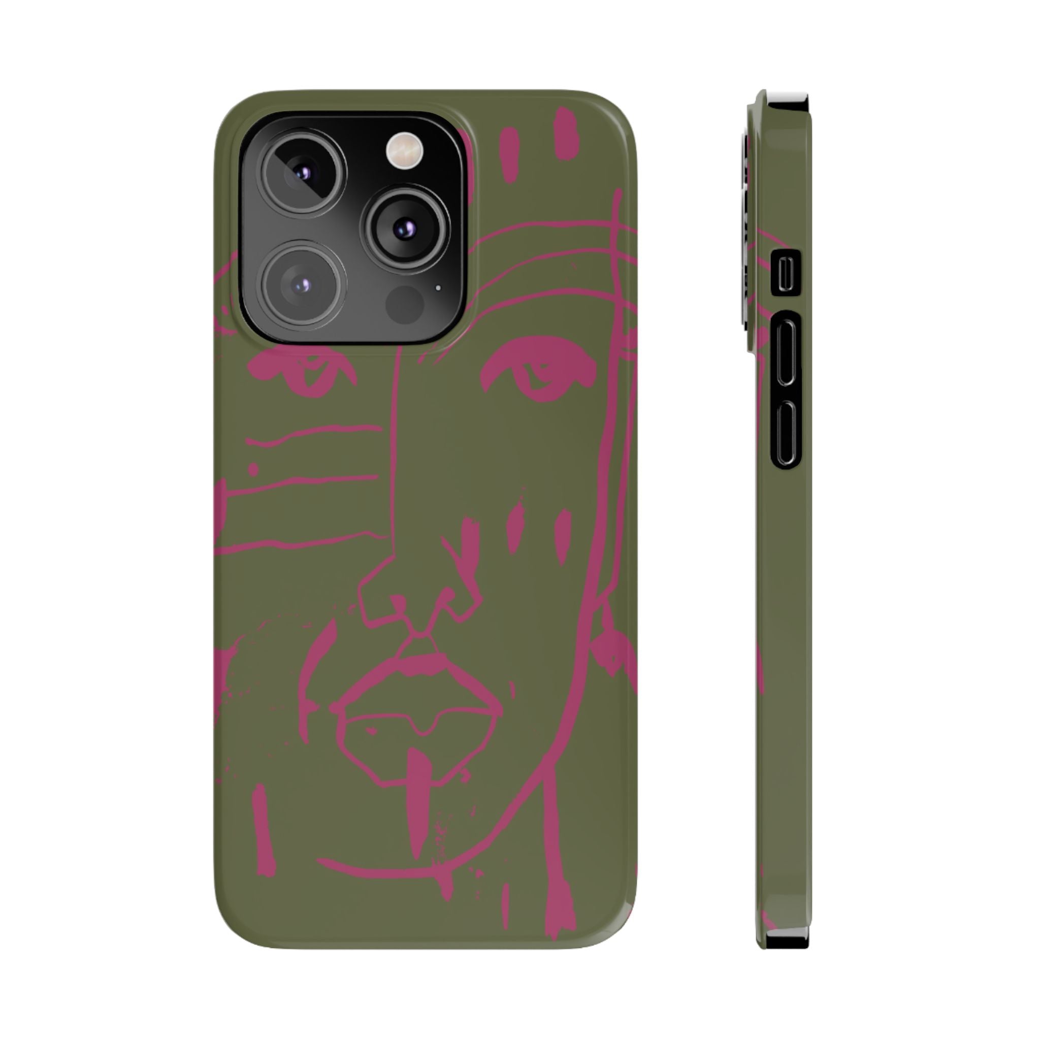 Abstract Face Line Art Slim Phone Case | Olive Green with Magenta Sketch