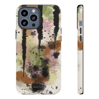 Watercolor Ink Splash Tough Phone Case — Abstract Olive, Blush & Charcoal Protective Cover