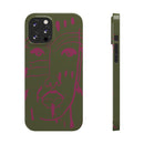 Abstract Face Line Art Slim Phone Case | Olive Green with Magenta Sketch