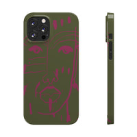 Abstract Face Line Art Slim Phone Case | Olive Green with Magenta Sketch