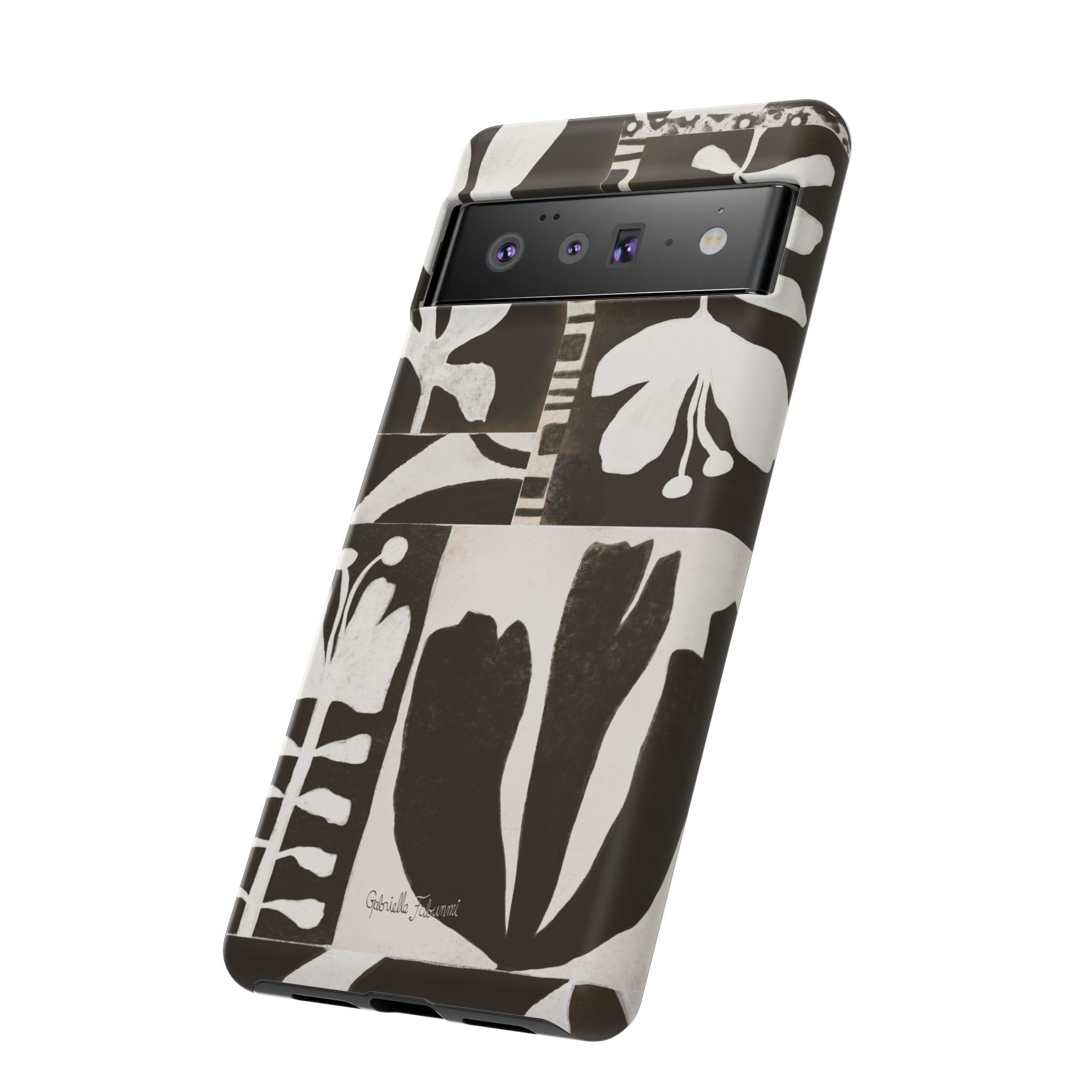 Floral Block Print Tough Phone Case — Black & White Botanical Protective Cover