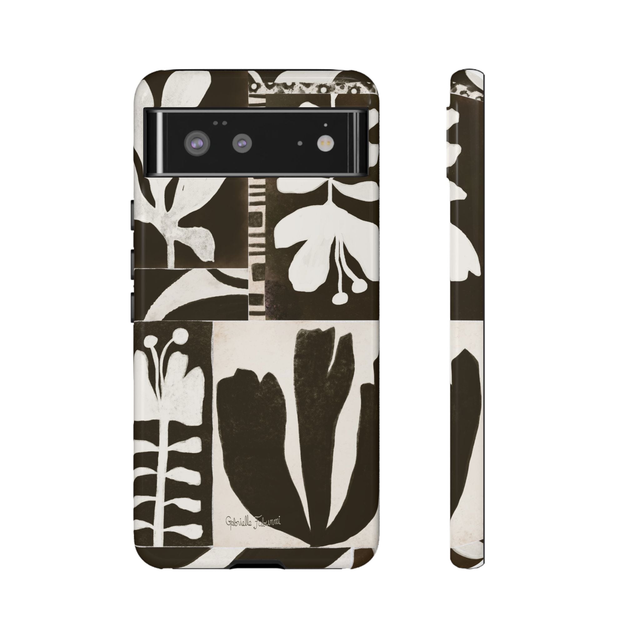 Floral Block Print Tough Phone Case — Black & White Botanical Protective Cover