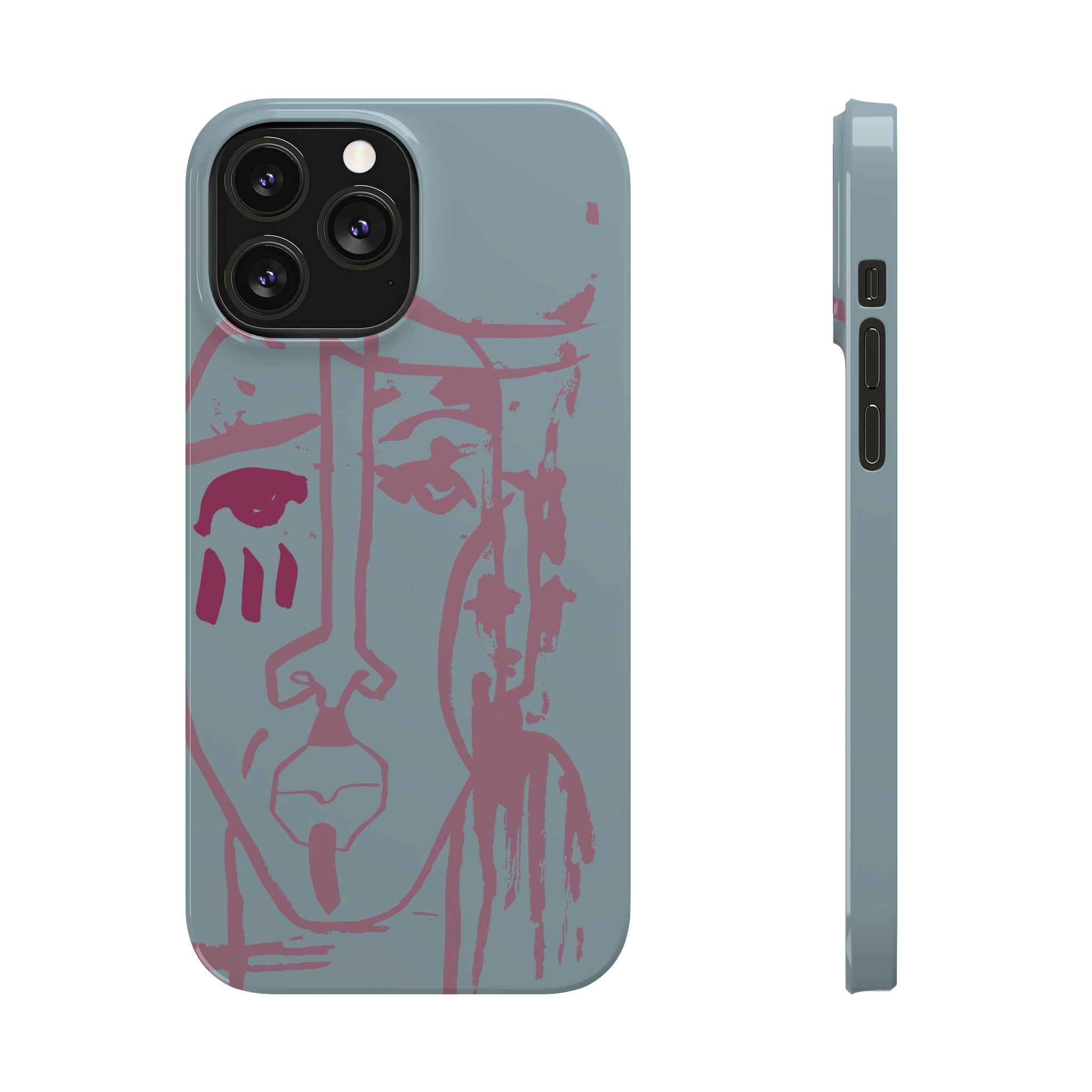 Abstract Line Face Slim Phone Case | Minimalist Portrait, Dusty Blue & Rose