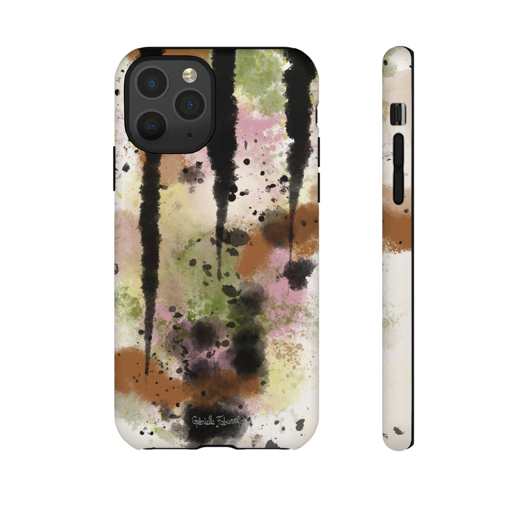 Watercolor Ink Splash Tough Phone Case — Abstract Olive, Blush & Charcoal Protective Cover
