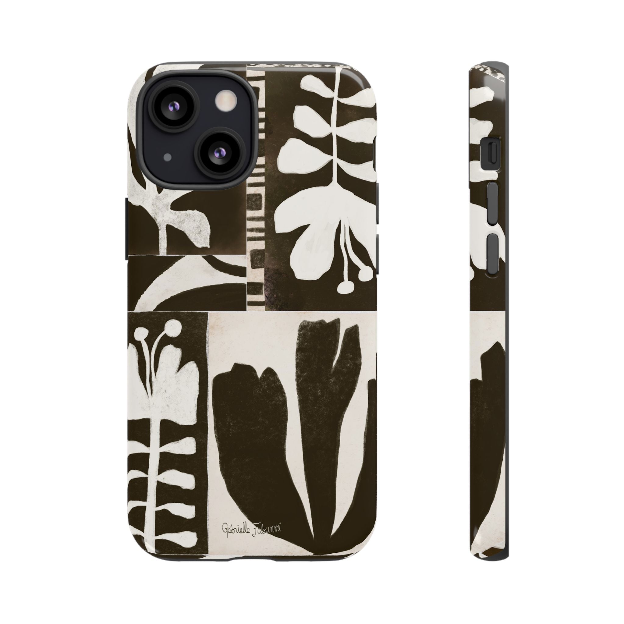 Floral Block Print Tough Phone Case — Black & White Botanical Protective Cover