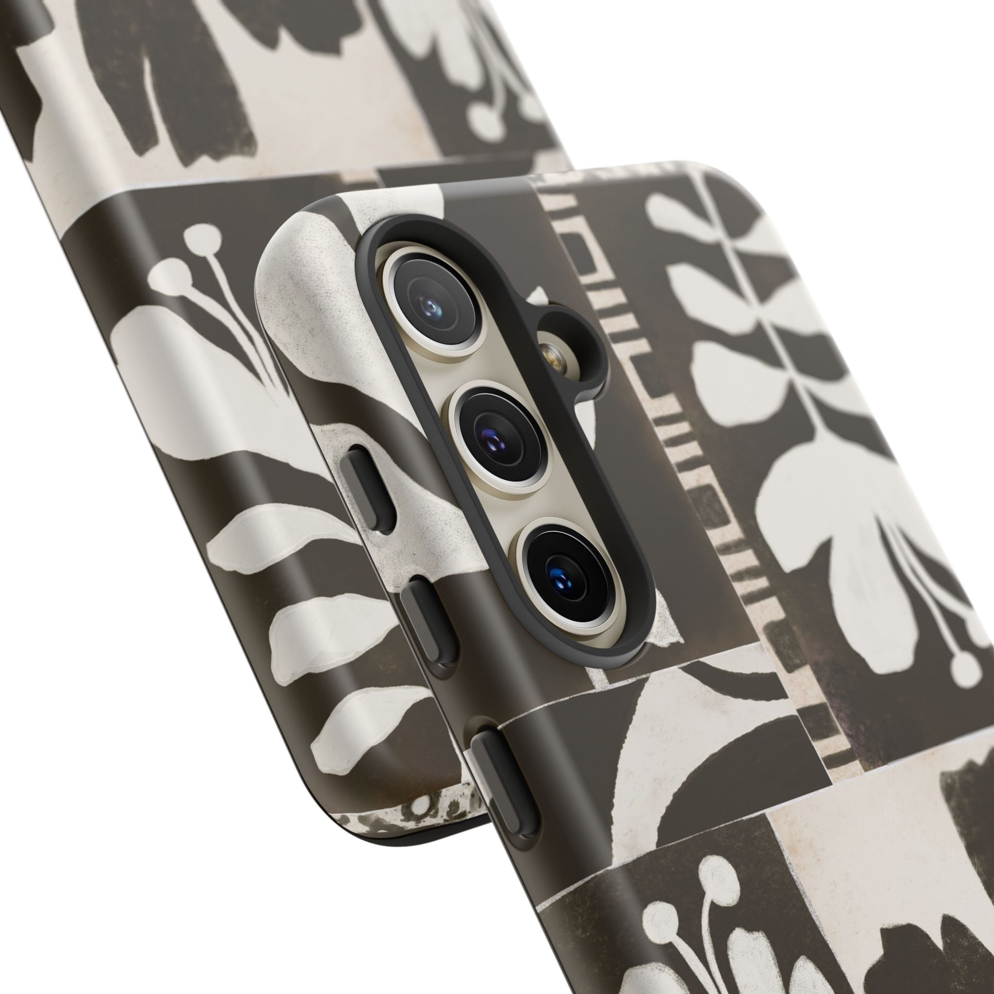 Floral Block Print Tough Phone Case — Black & White Botanical Protective Cover