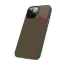 Abstract Face Line Art Slim Phone Case | Olive Green with Magenta Sketch