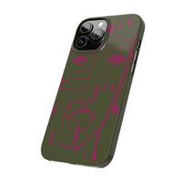 Abstract Face Line Art Slim Phone Case | Olive Green with Magenta Sketch