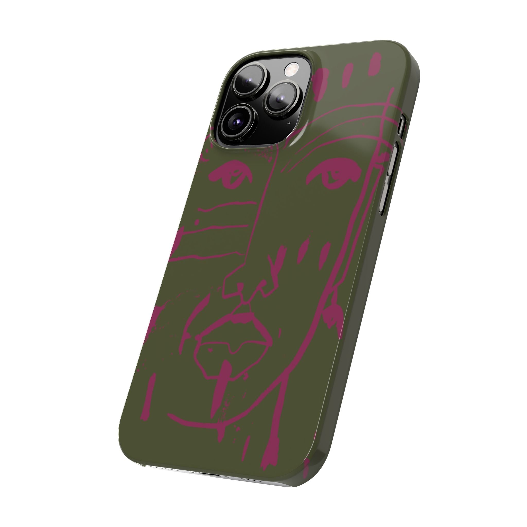 Abstract Face Line Art Slim Phone Case | Olive Green with Magenta Sketch
