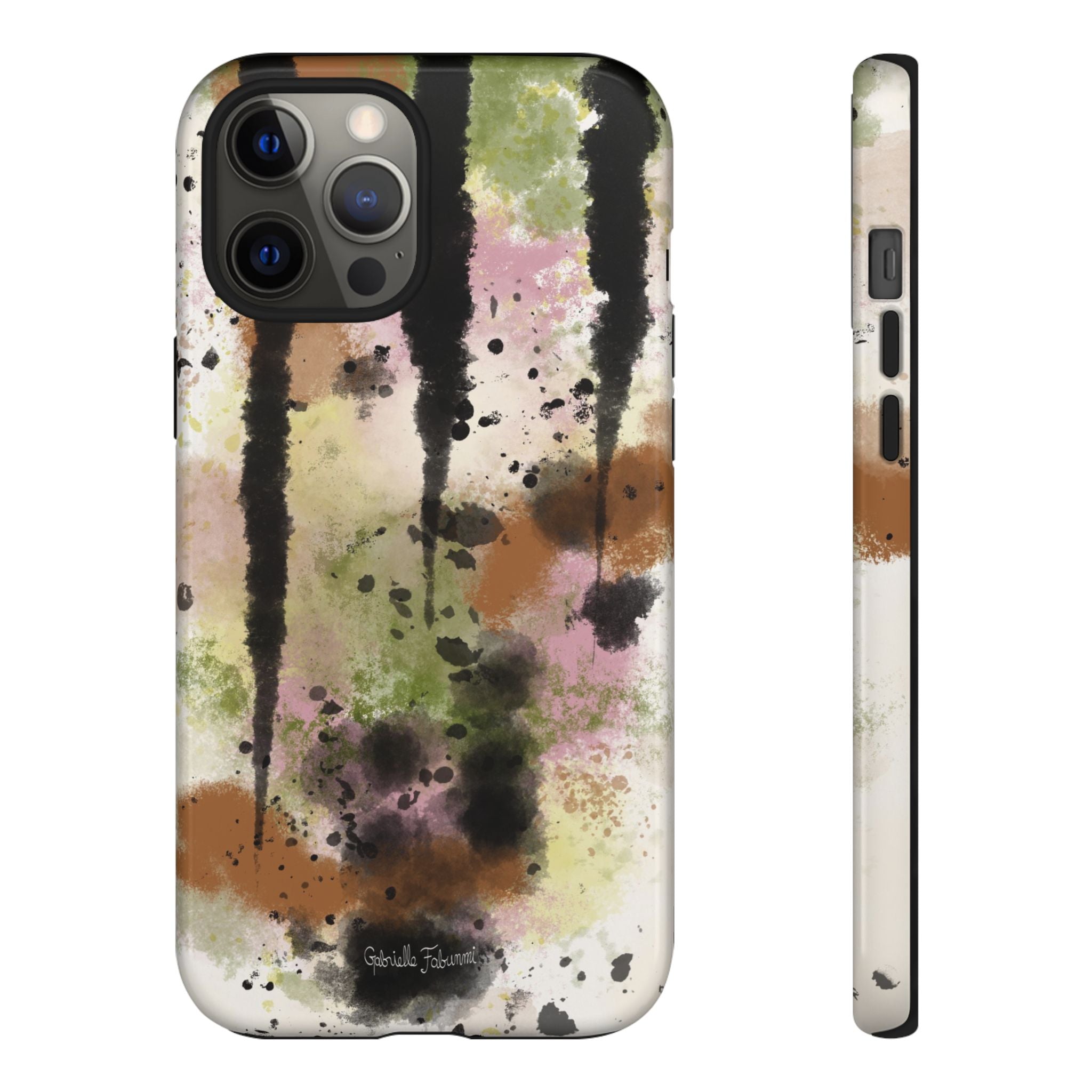Watercolor Ink Splash Tough Phone Case — Abstract Olive, Blush & Charcoal Protective Cover