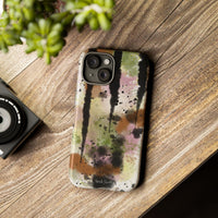 Watercolor Ink Splash Tough Phone Case — Abstract Olive, Blush & Charcoal Protective Cover