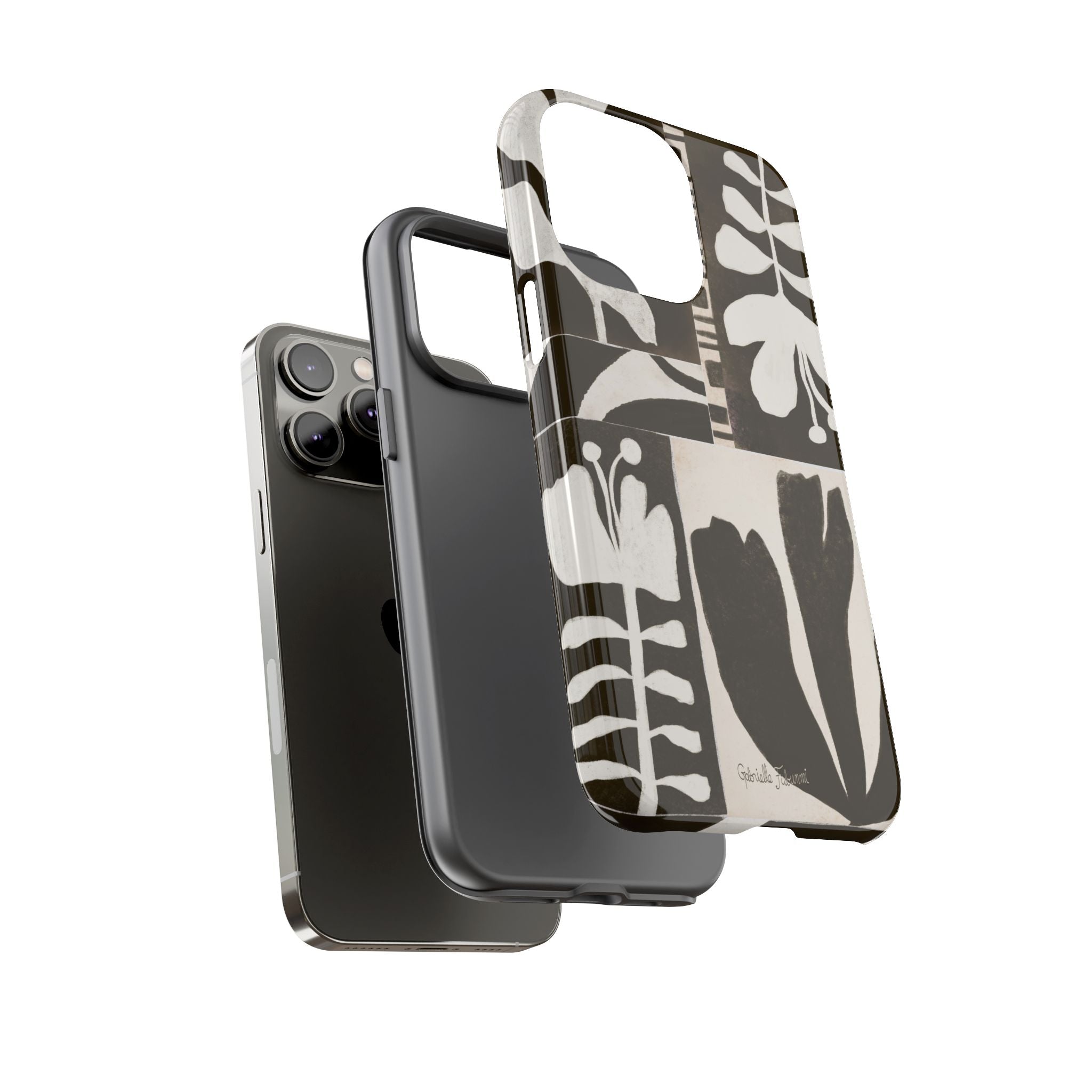 Floral Block Print Tough Phone Case — Black & White Botanical Protective Cover