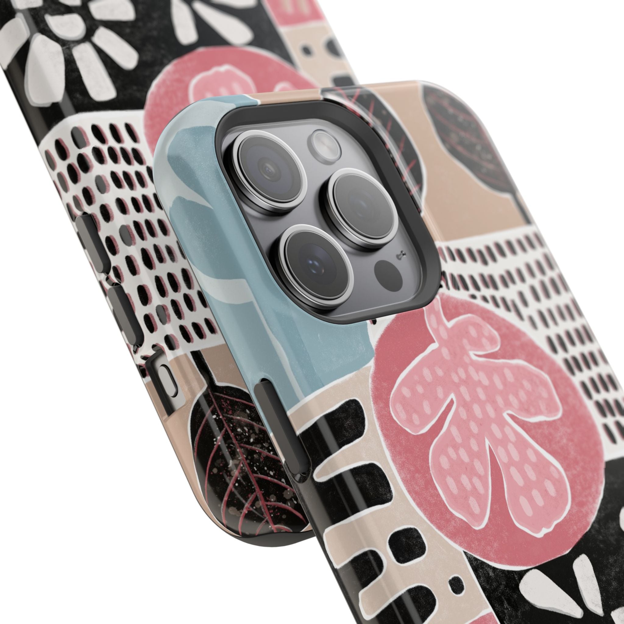 Abstract Floral Magnetic Phone Case — Impact-Resistant Protective Cover with Pink & Teal Collage Design