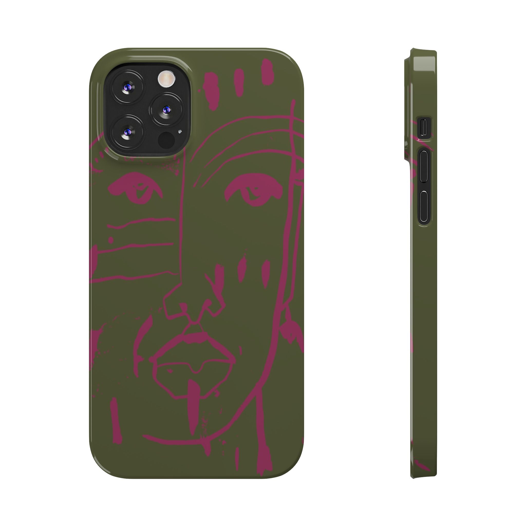 Abstract Face Line Art Slim Phone Case | Olive Green with Magenta Sketch