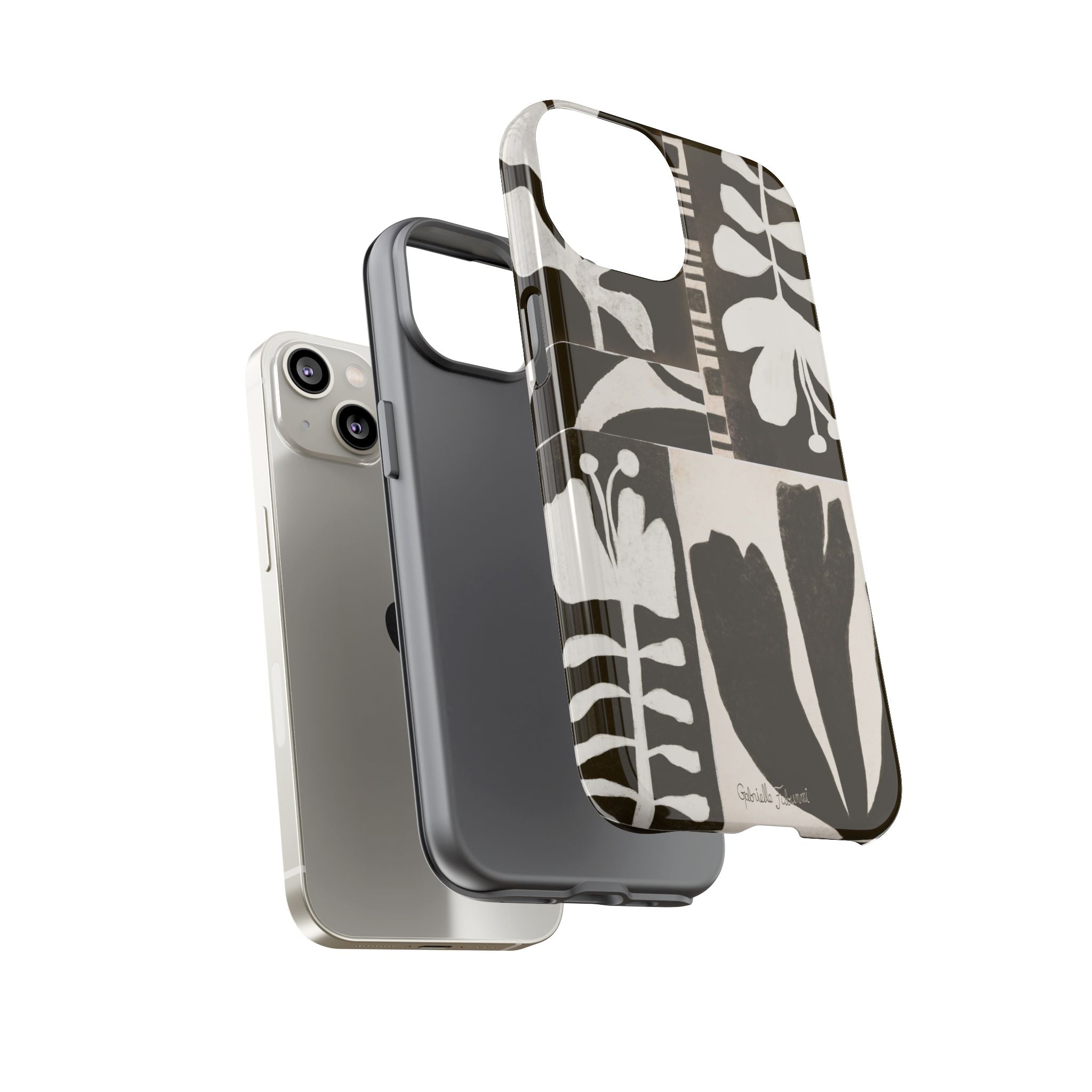 Floral Block Print Tough Phone Case — Black & White Botanical Protective Cover