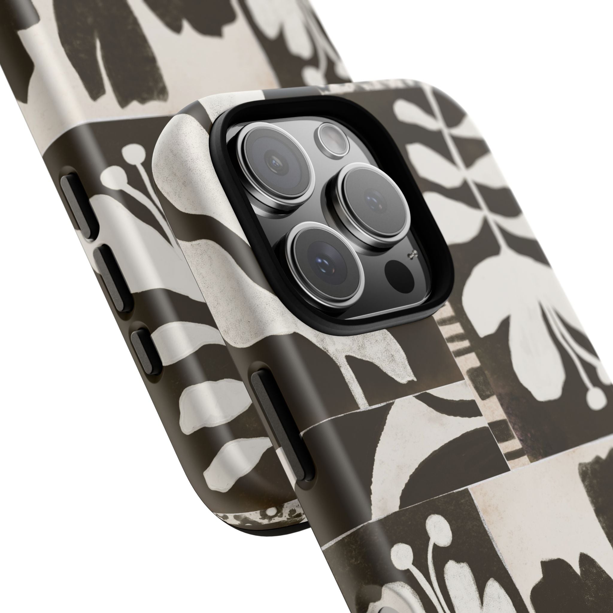 Floral Block Print Tough Phone Case — Black & White Botanical Protective Cover