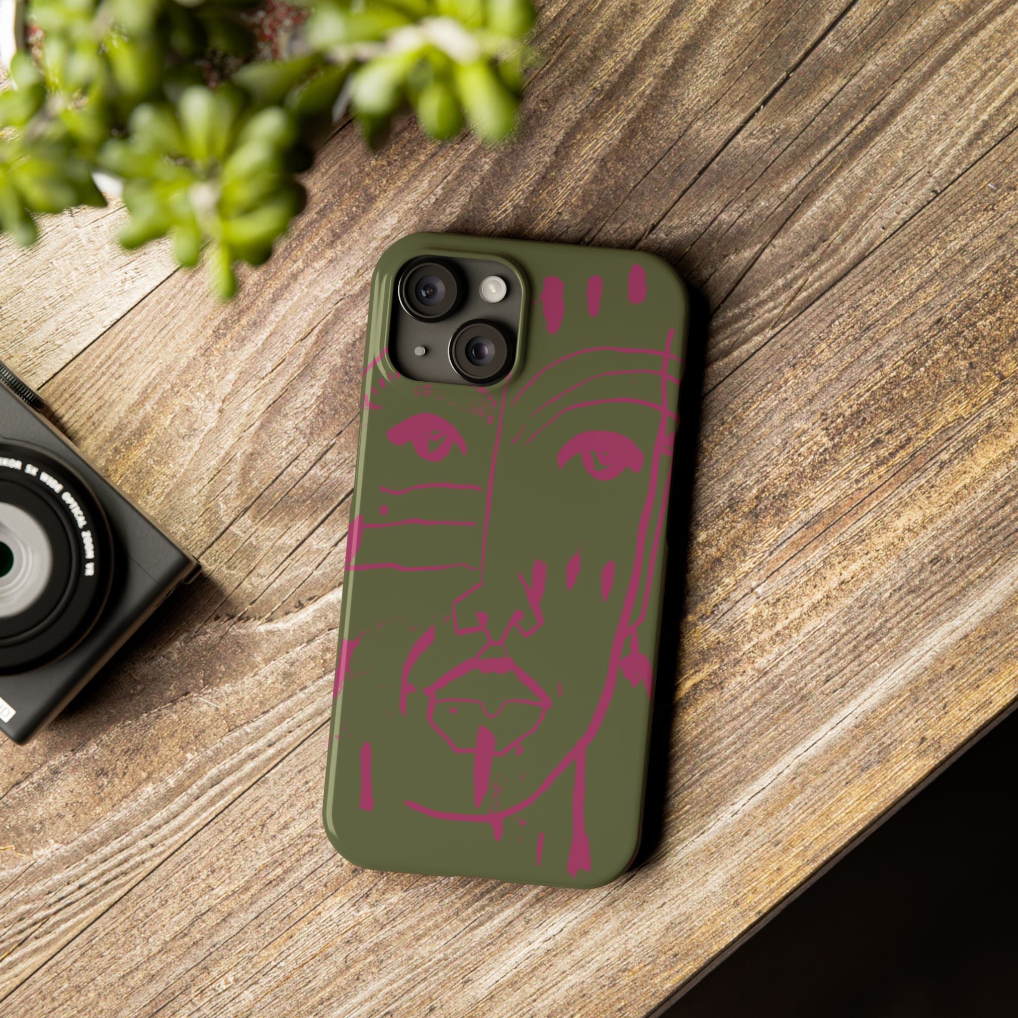 Abstract Face Line Art Slim Phone Case | Olive Green with Magenta Sketch